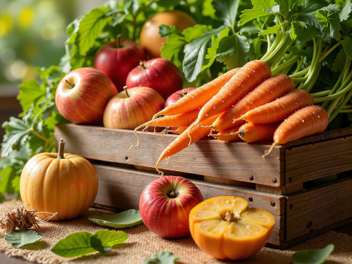 有机健康食品包装，精美的包装盒中摆放着新鲜的有机蔬菜和水果，自然光线，健康生活方式展示