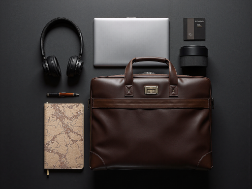 手工皮具制品，深棕色真皮公文包，精致的缝线工艺，商务场合使用场景，高端质感